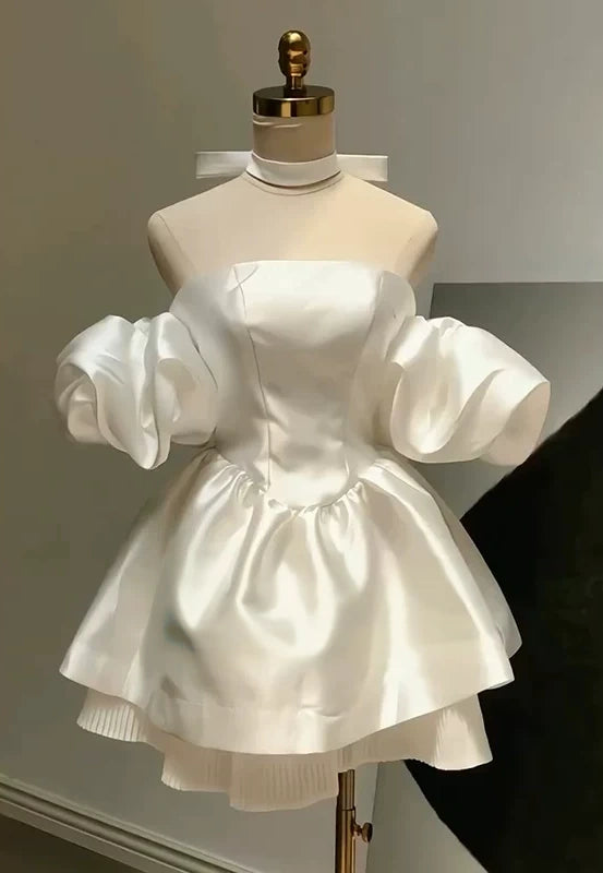 Off The Shoulder White Satin Birthday Dress Short Homecoming Dress P1758