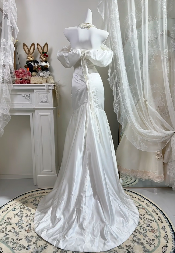 Off The Shoulder White Satin Mermaid Evening Dress With Bow Knot P1839