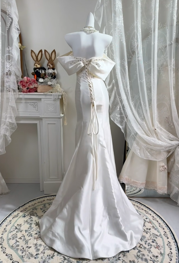 Off The Shoulder White Satin Mermaid Wedding Dress Birthday Dress P1833