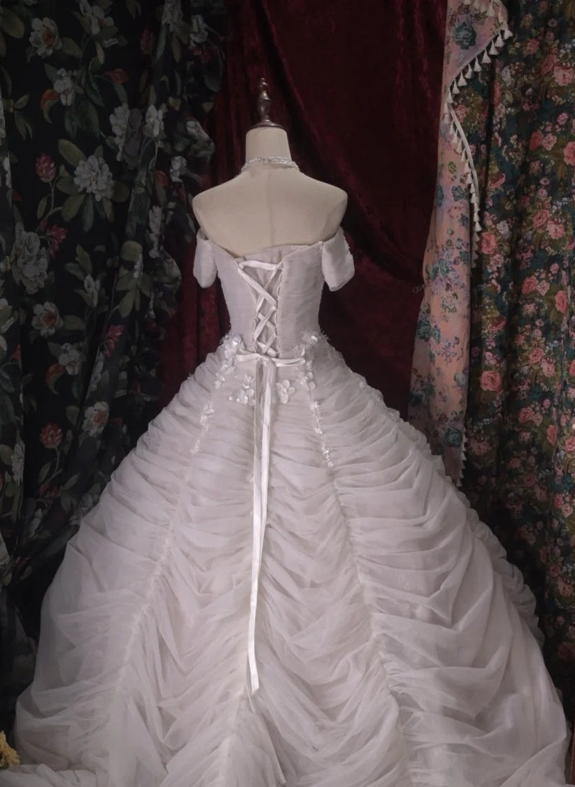 Off The Shoulder White Wedding Dress Tulle Birthday Gown P1988