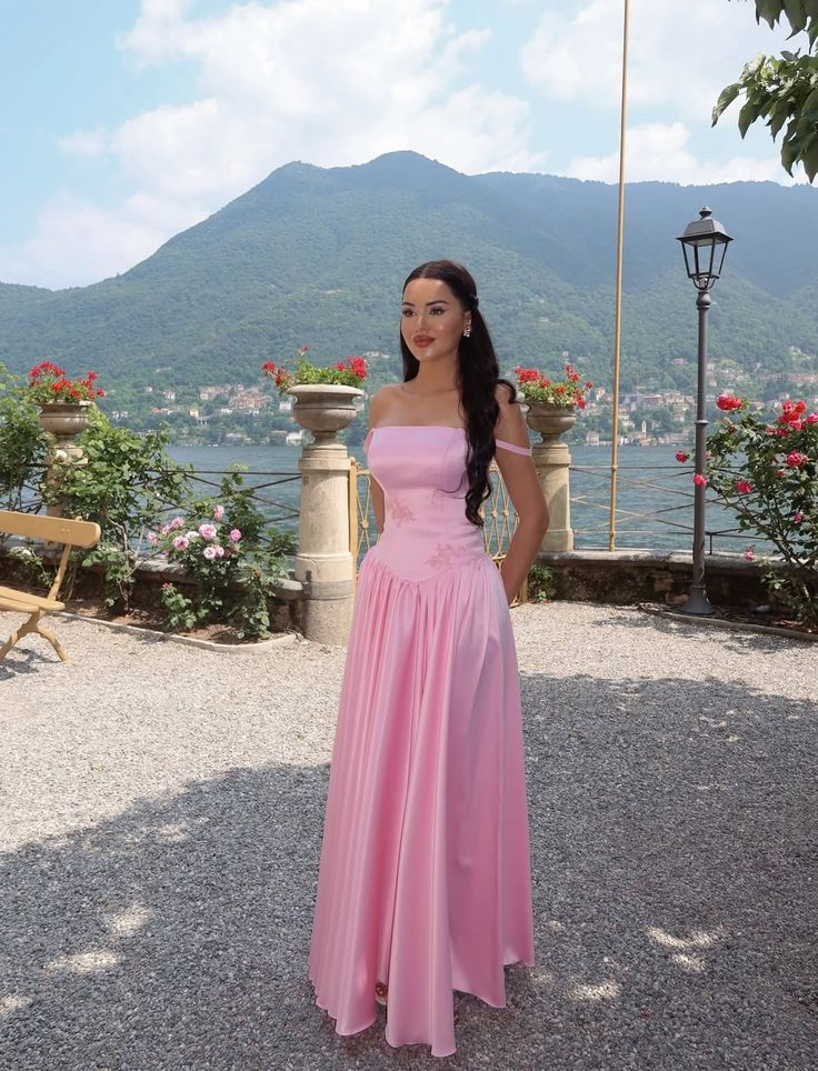 Off The Shoulder Satin Bridesmaid Dress A Line Pink Prom Dress P822