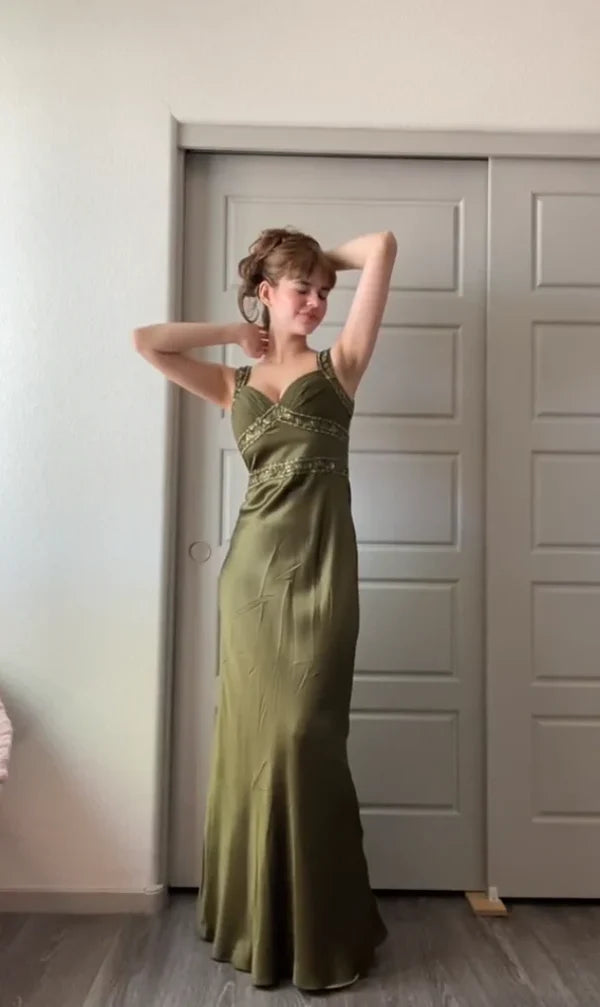 Olive Green Mermaid Satin Long Prom Dress P1078
