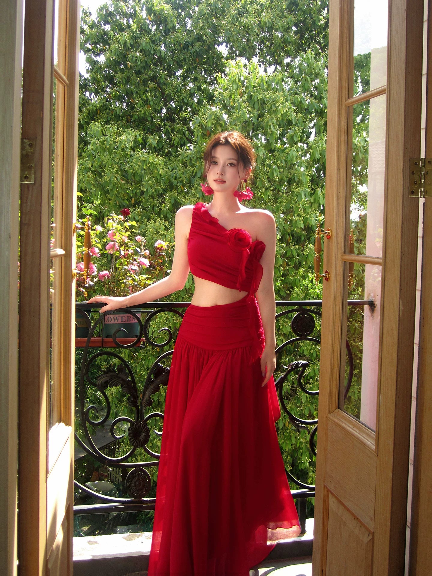 One Shoulder A Line Red Chiffon Wedding Guest Dress P1631
