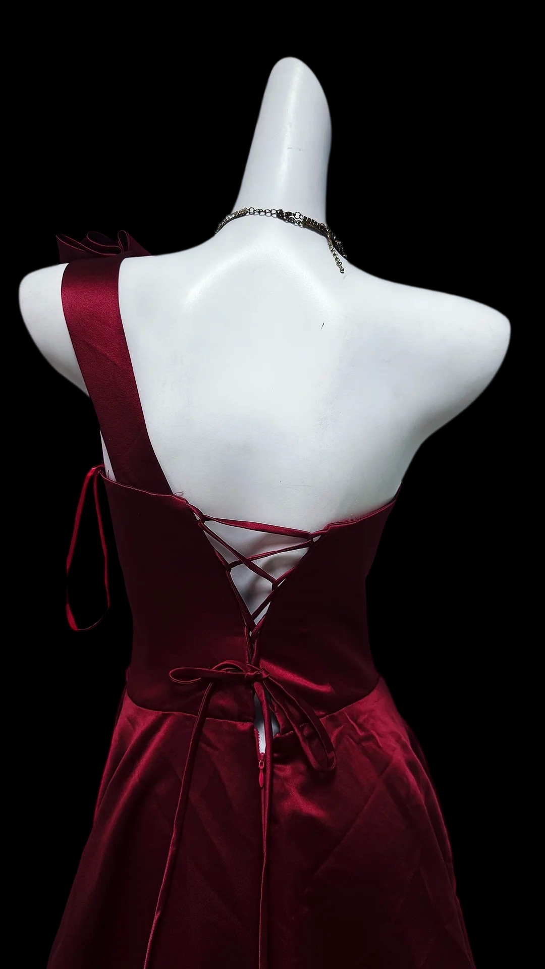 One Shoulder Floral Burgundy Satin Formal Prom Dress With Slit P2423