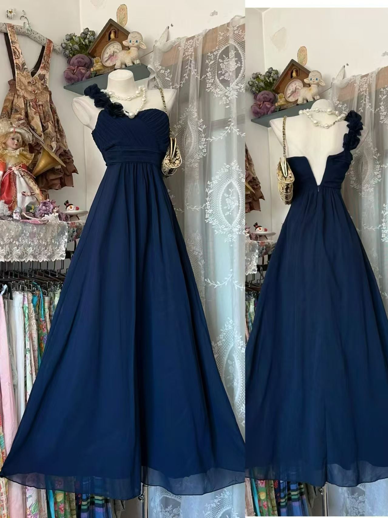 One Shoulder Navy Blue Chiffon Wedding Guest Dress Bridesmaid Dress P1926
