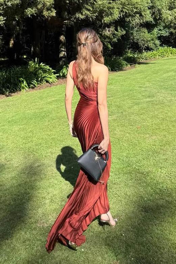 One Shoulder Pleated Satin Formal Dress Wedding Guest Dress P992