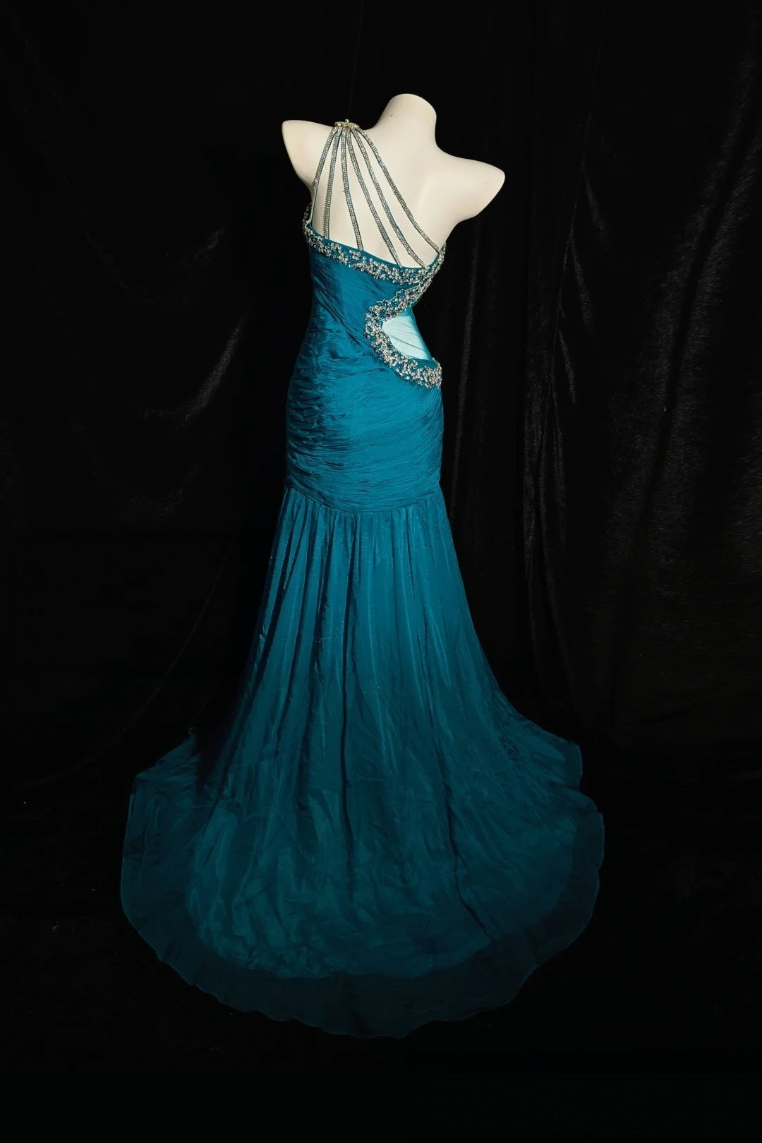 One Shoulder Teal Mermaid Prom Dress Beaded Retro Evening Gown P2609