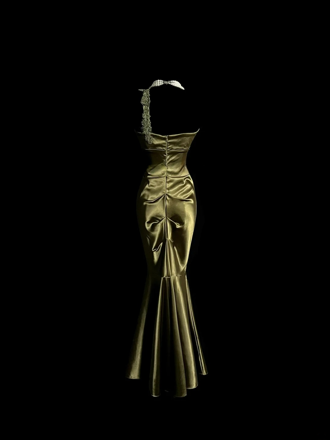 Applique Strap Green Satin Prom Dress Formal Party Evening Dress P106