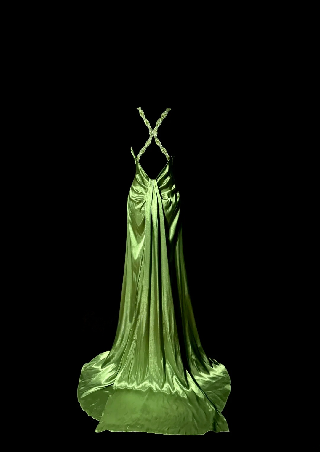 Backless Green Satin Prom Dress Beaded Straps Evening Dress P139