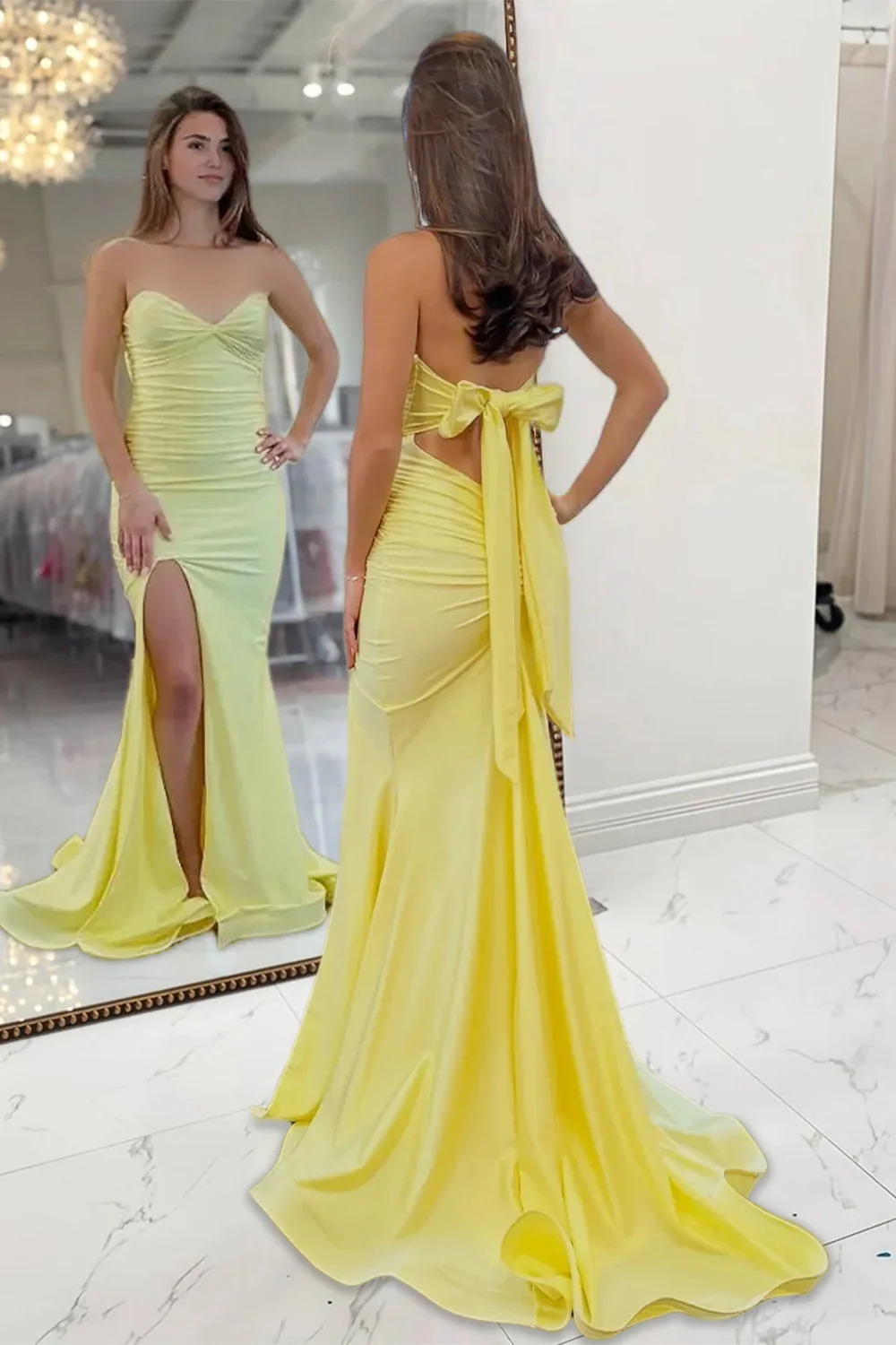 Strapless Yellow Sheath Satin Long Prom Dresses With Slit P207