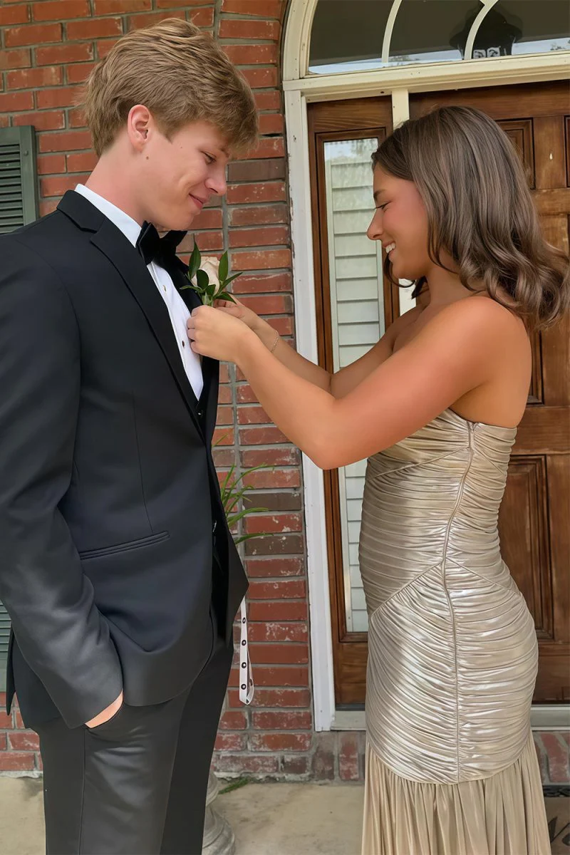 Strapless Champagne Mermaid Metallic Pleated Long Prom Dresses P210