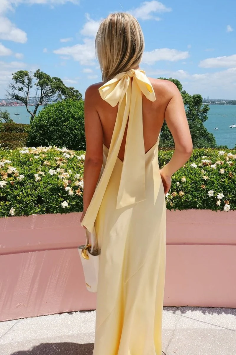 Halter Yellow Sheath Satin Backless Long Prom Dresses P212