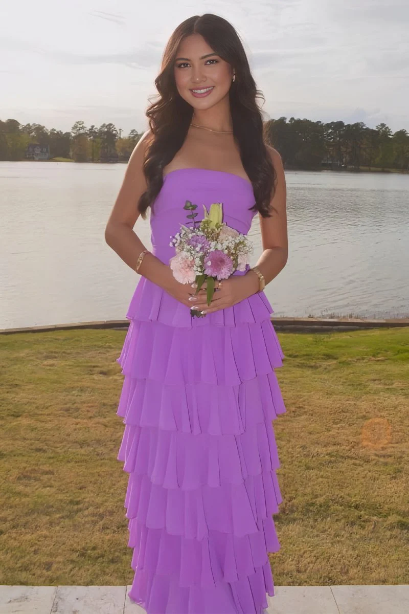 Purple Strapless A Line Chiffon Long Prom Dress With Ruffles P213