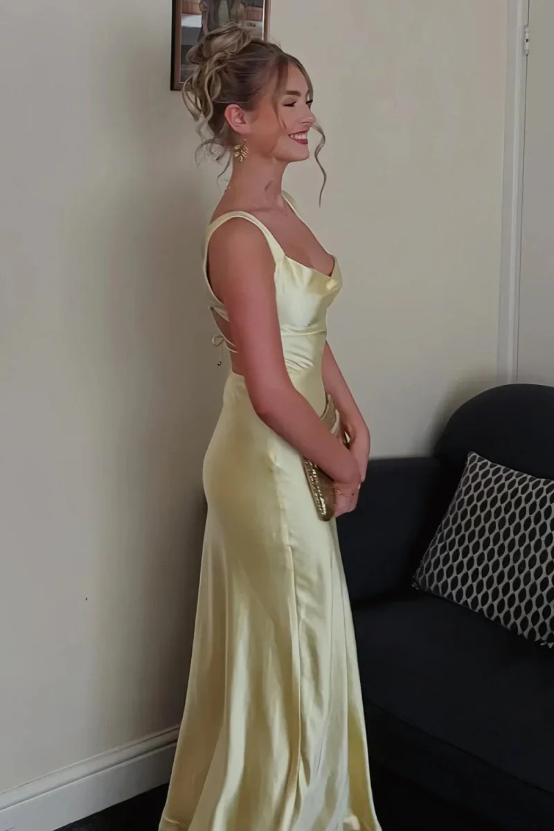 Red A-Line Square Neck Satin Long Prom Dresses With Slit P215