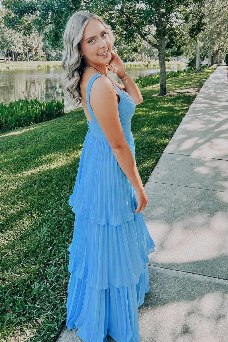 Blue A-Line Chiffon Pleated Ruffles Long Prom Dresses P218