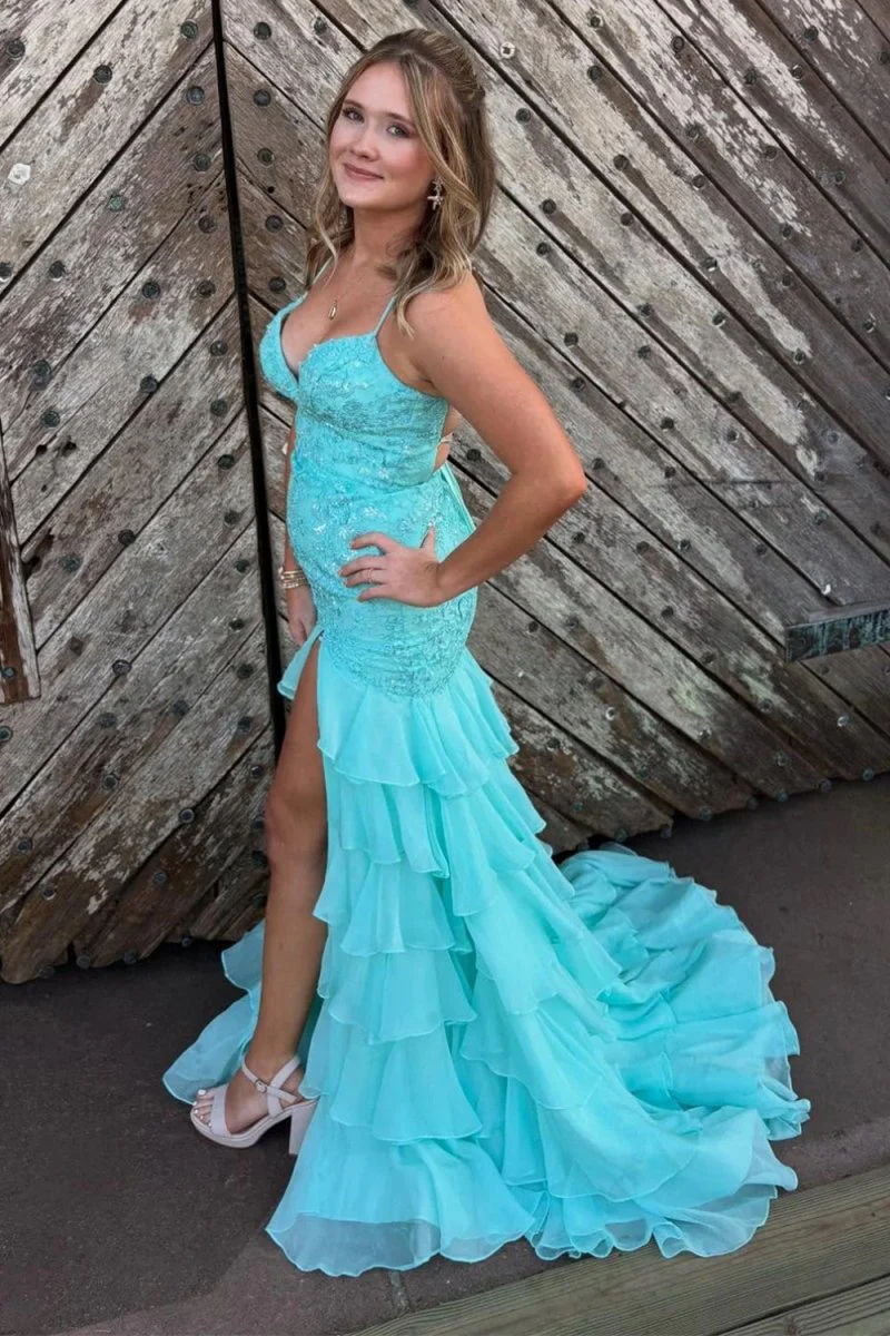 Spaghetti Straps Mermaid Lace Appliqued Prom Dresses With Ruffles P219