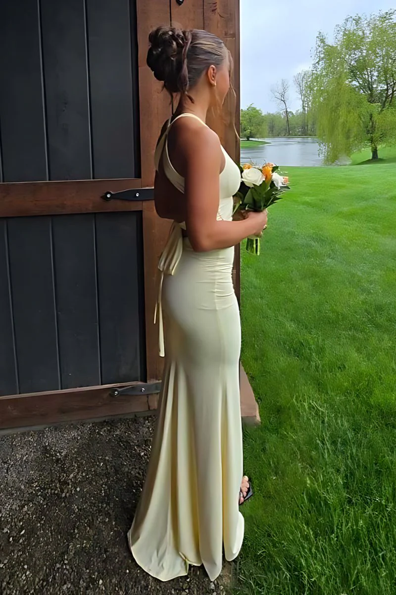 Halter Mermaid Yellow Open Back Long Prom Dresses P220