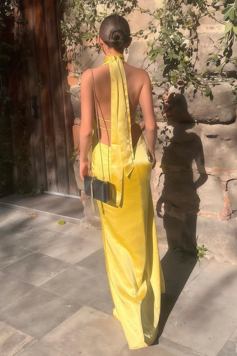 Yellow Halter Deep V Neck Satin Sheath Backless Long Prom Dresses P223
