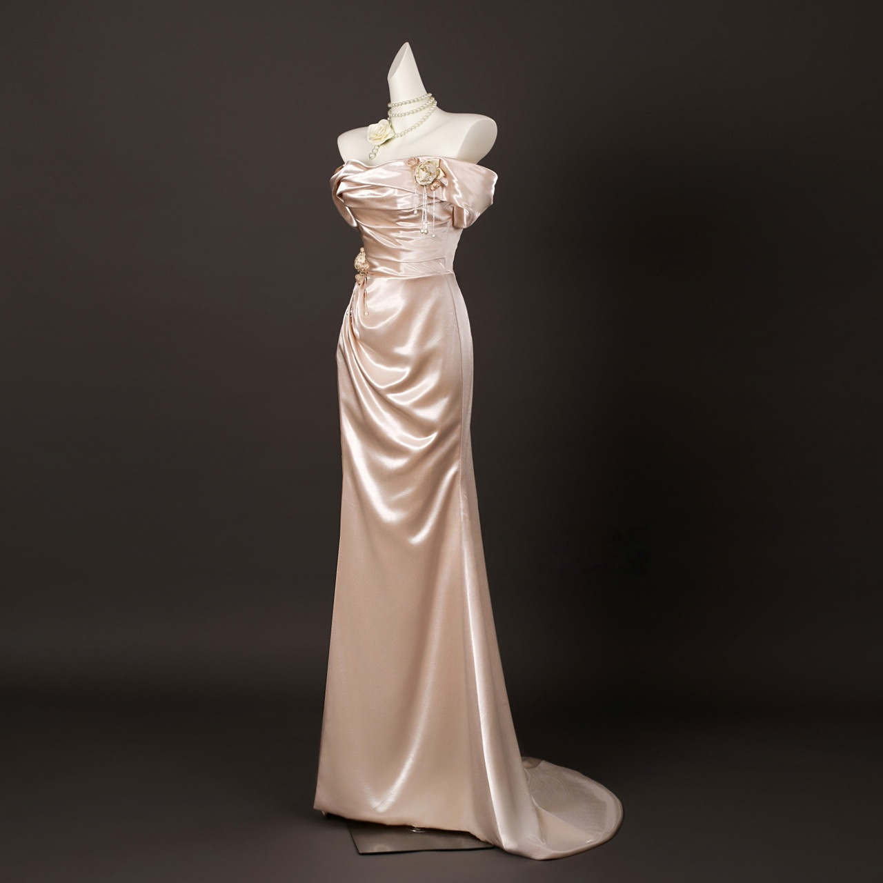 Champagne Mermaid Satin Off the Shoulder Prom Dress P225