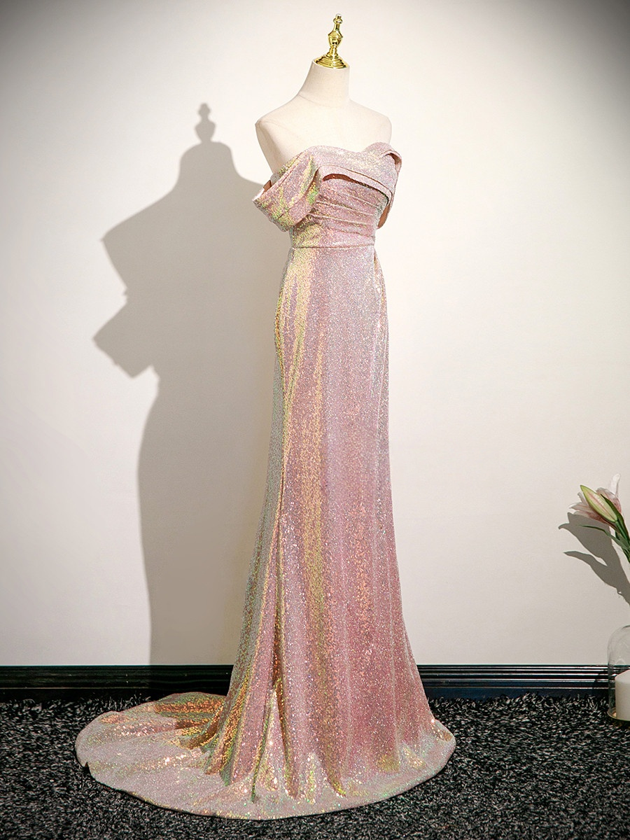 Off The Shoulder Pink Sequins Prom Dress Sparkle Evening Dress P227