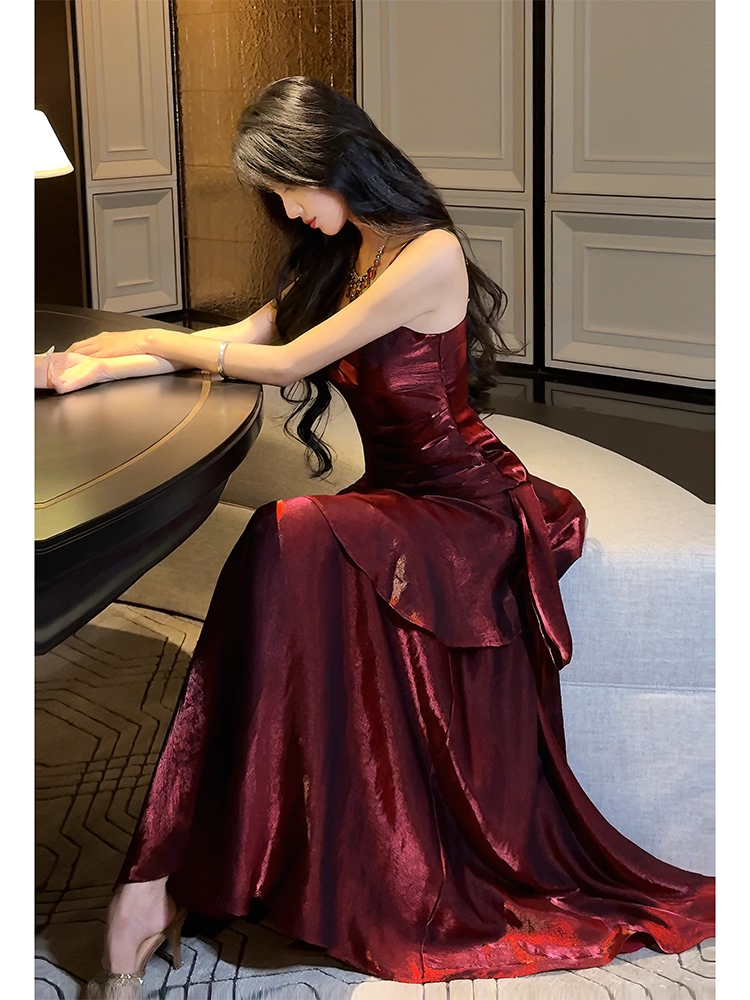 Spaghetti Straps Burgundy Ruffle Prom Dress Formal Party Dress Evening Dress P23