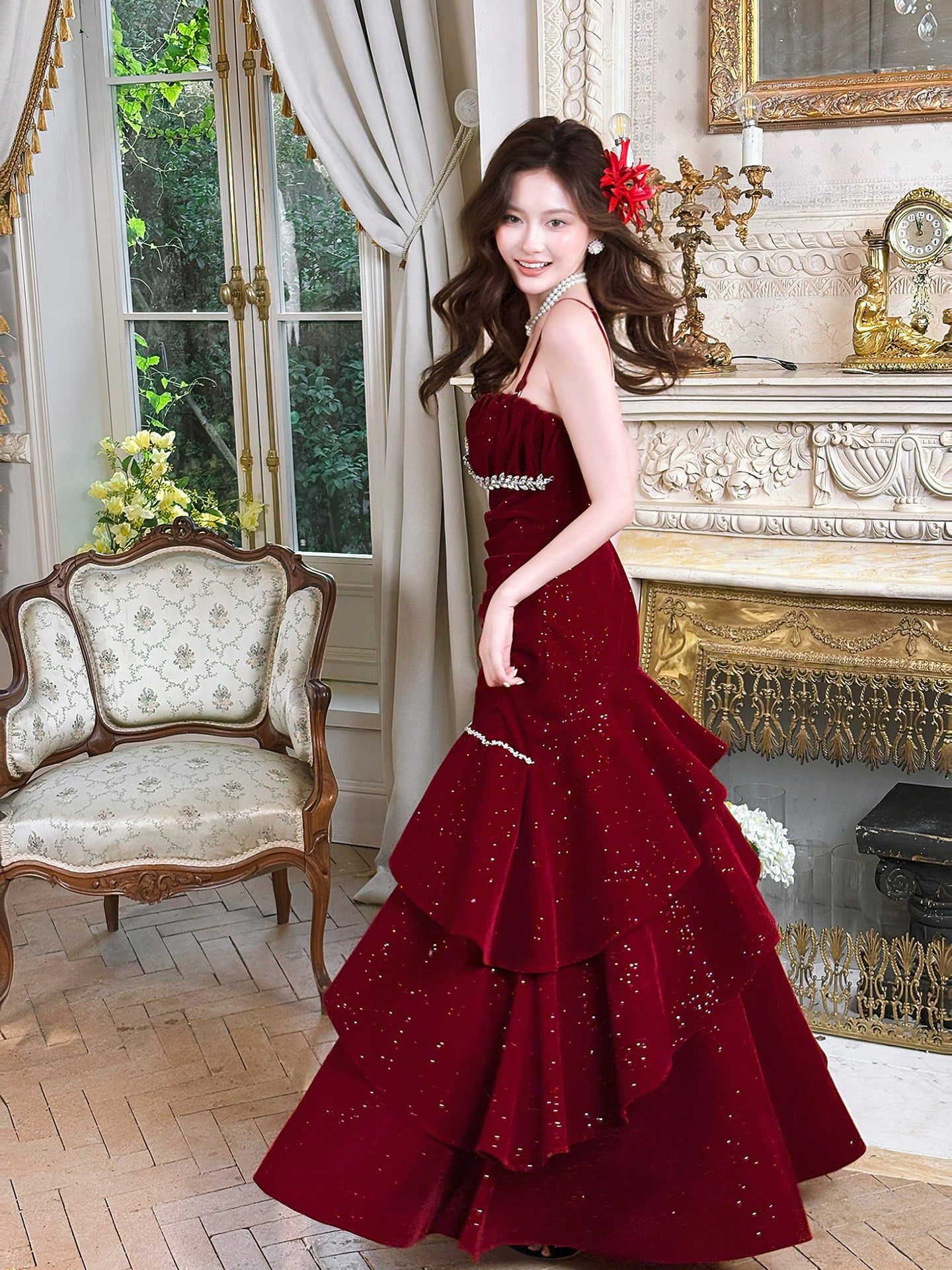 Burgundy Velvet Ruffle Prom Dress Shiny Layered Birthday Dress Evening Gowns P254