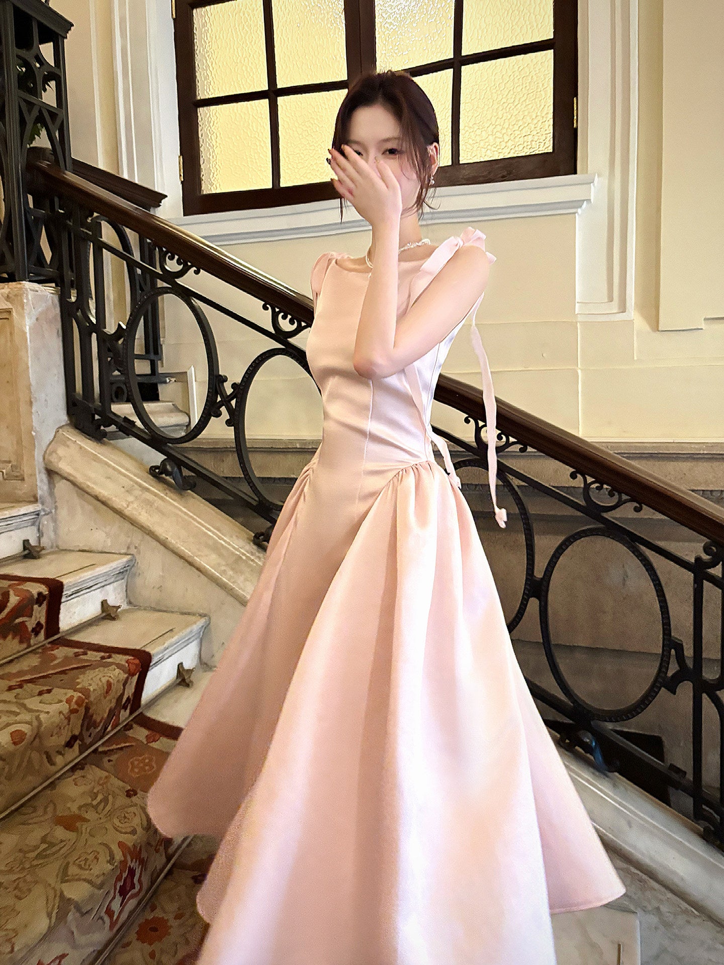 A Line Pink Satin Prom Dress Sweet Simple Birthday Dress P258