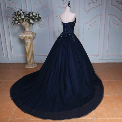 Sweetheart Navy Blue Beaded Applique Tulle Prom Dress P261