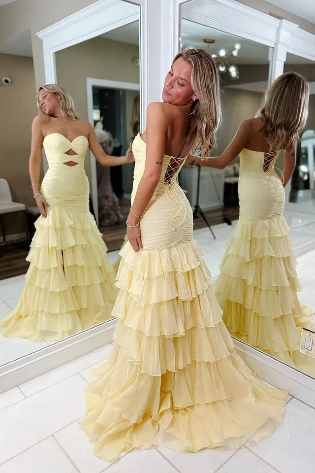 Strapless Yellow Pleated Tiered Long Dress with Slit P263