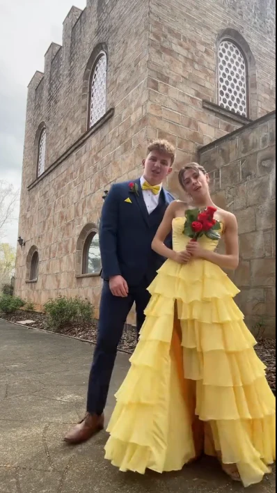 Strapless A-Line Long Prom Dresses Yellow Tiered Evening Gowns P266