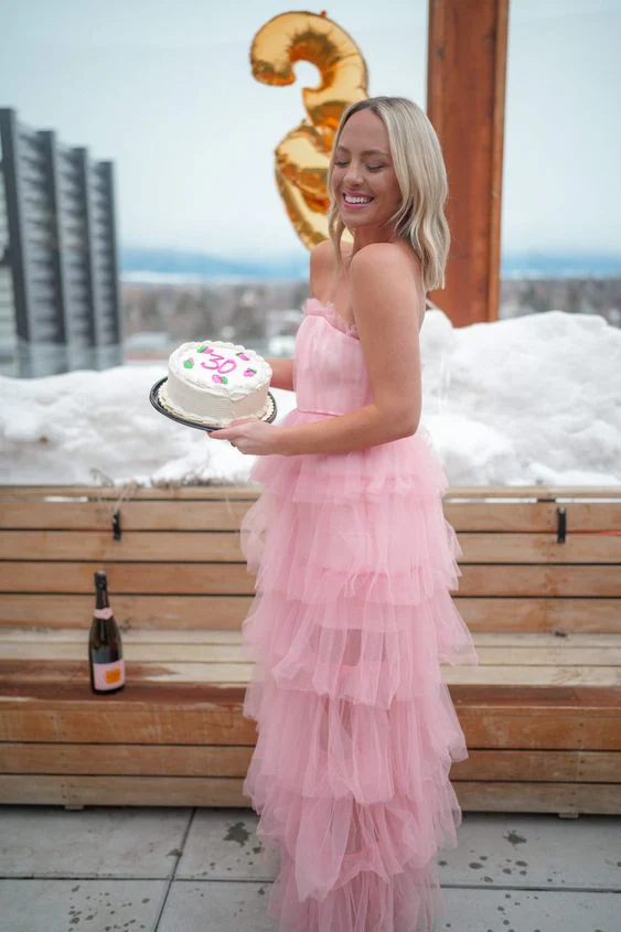 Layered Pink Tulle Prom Dress A Line Long Birthday Dress P276
