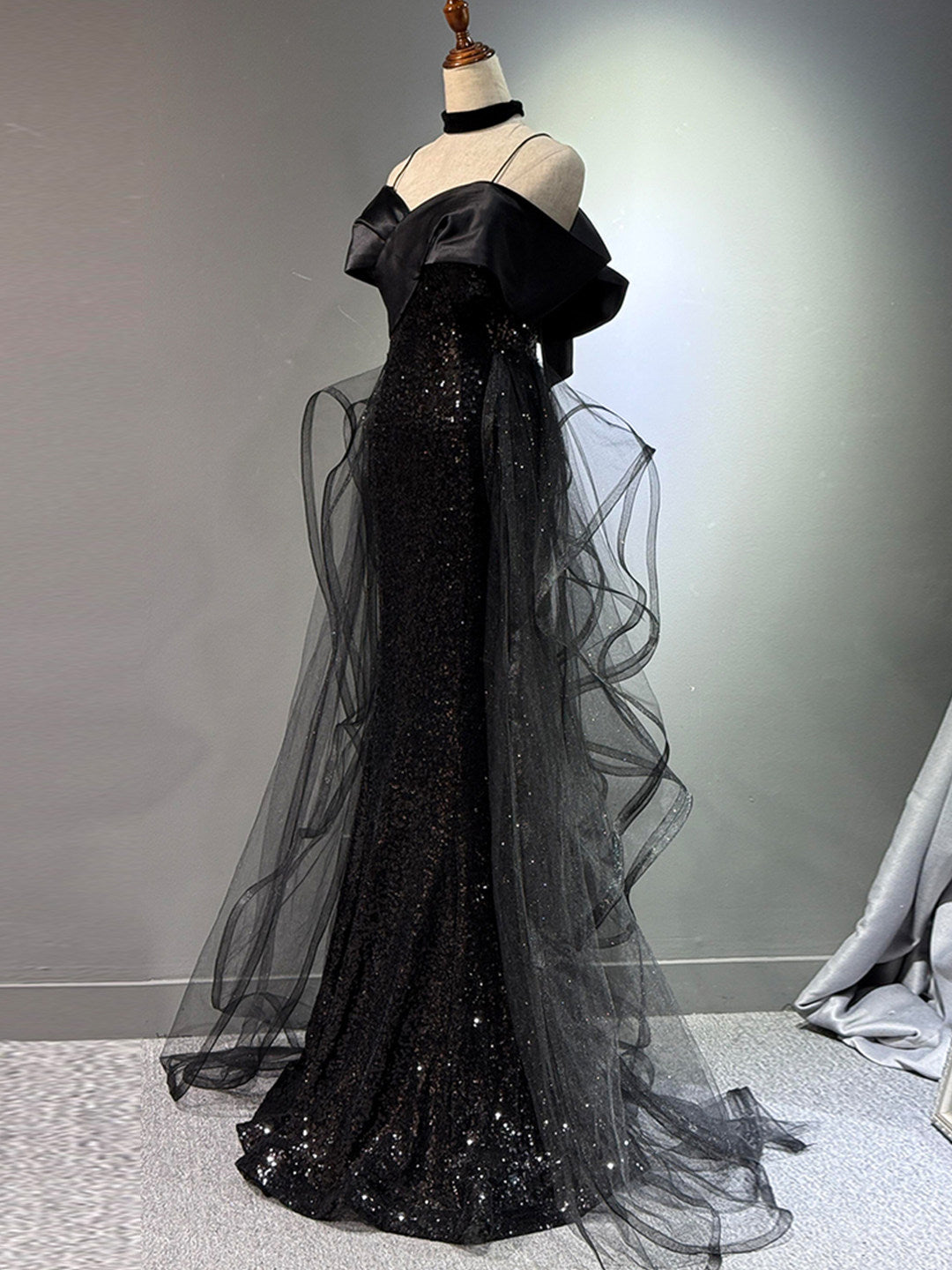 Off The Shoulder Black Sequin Long Prom Dress Mermaid Birthday Dress with Trail P284