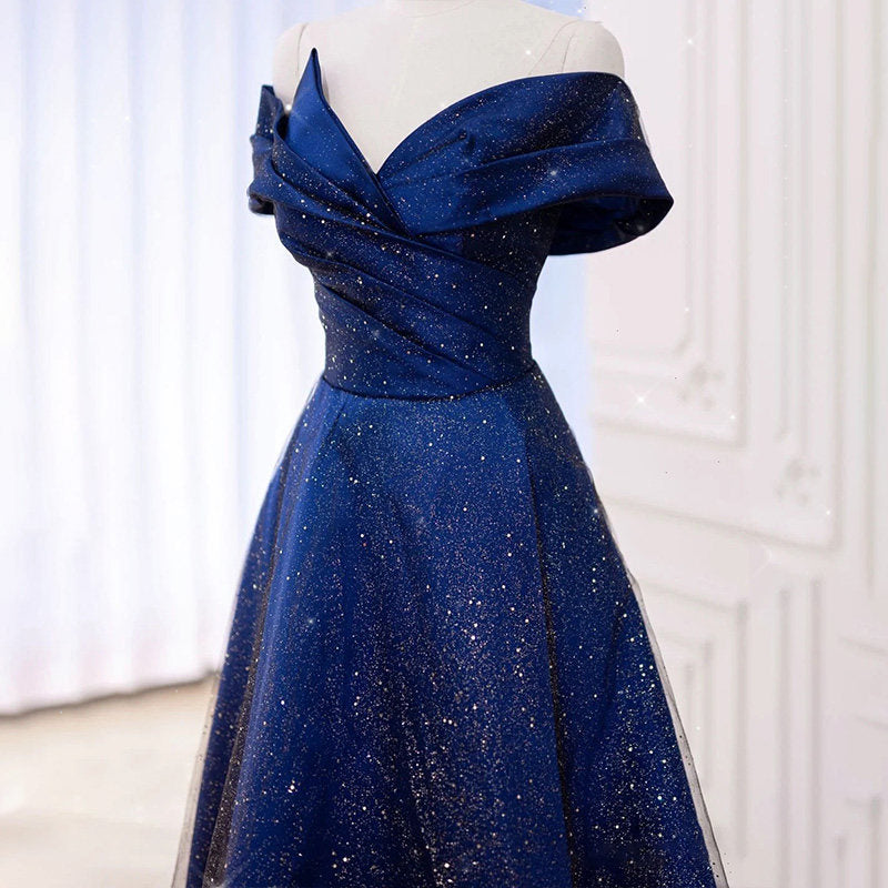 Off The Shoulder Navy Blue A Line Prom Dress Sparkle Evening Dress P288