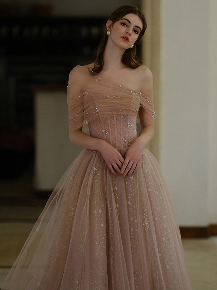 Off The Shoulder Tulle Prom Dress A Line Champagne Party Dress P291