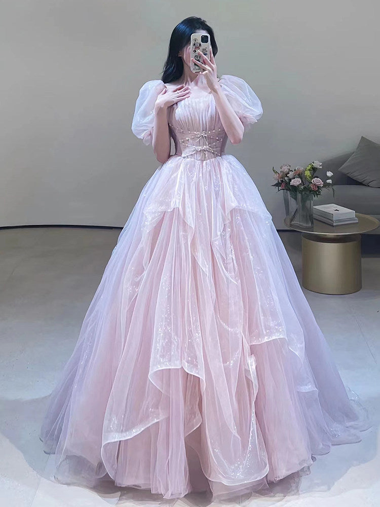A Line Pink Prom Dress Off The Shoulder Organza Formal Dress P295