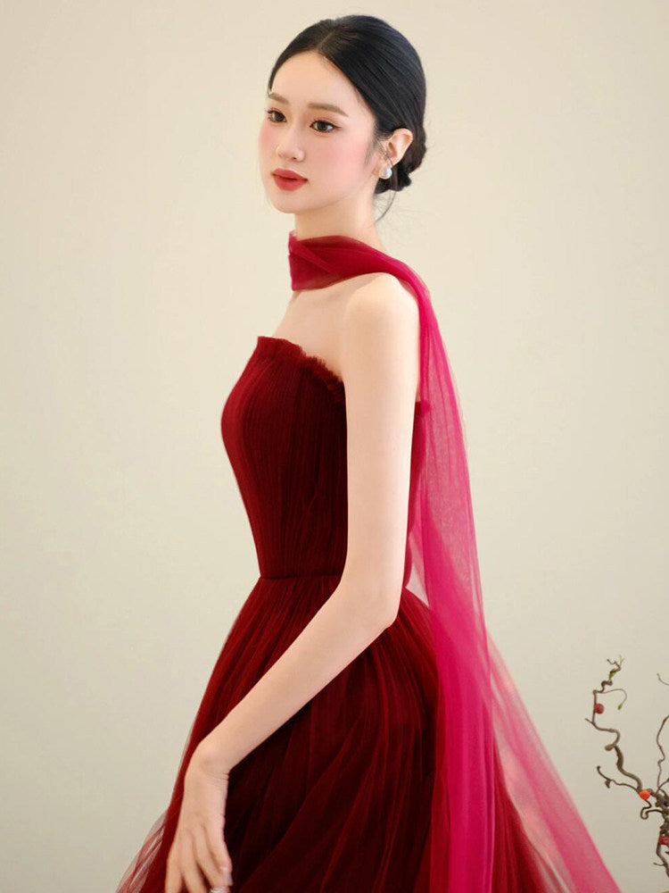 Strapless Burgundy Tulle Prom Dress A Line Formal Dress P296