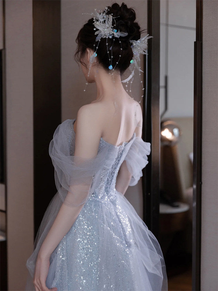 Off The Shoulder Blue Tulle Prom Dress A Line Elegant Evening Dress P299