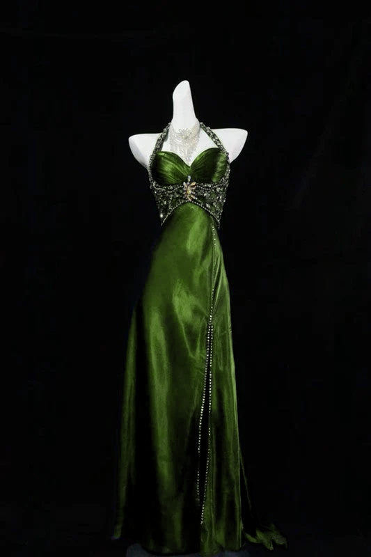 A Line Halter Navy Blue Slit Beads Long Prom Dress Evening Dresses P303