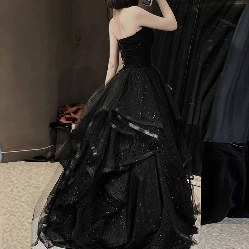 Strapless Black Tulle Long Evening Gown Shiny Prom Party Dress P312
