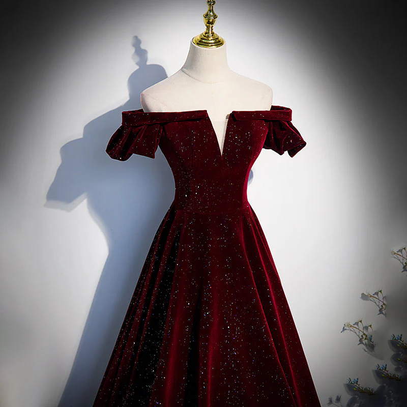 Wine Red Off Shoulder Velvet Long Party Dress A-Line Prom Dresses P314