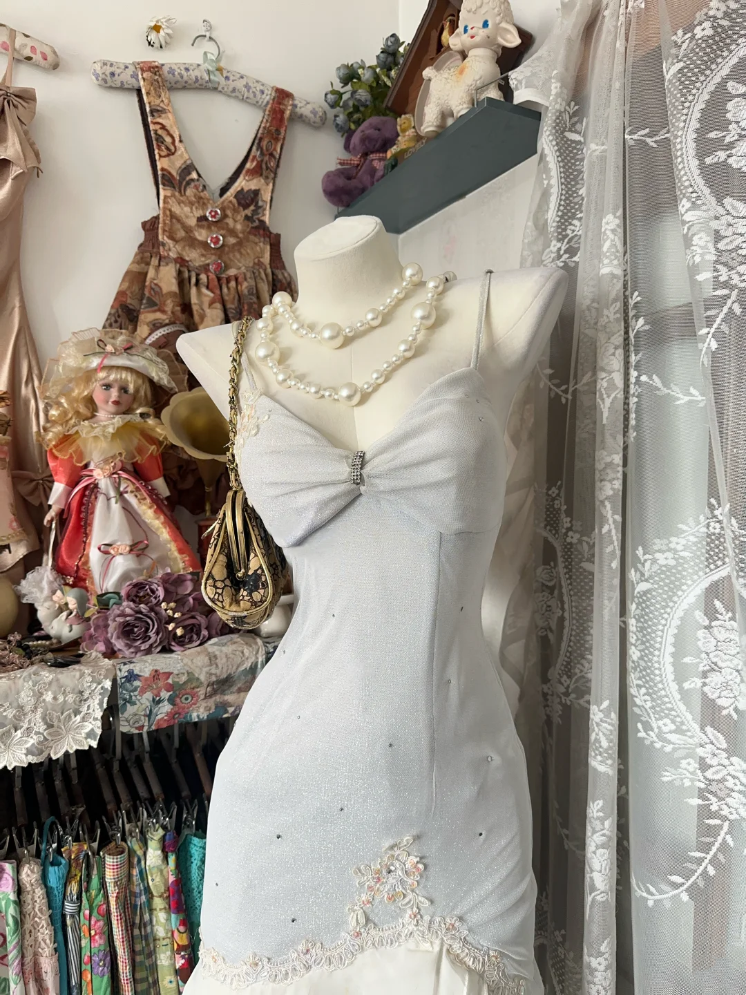 Spaghetti Strap Gray Prom Dress With Appliques Mermaid Chiffon Party Dress P332