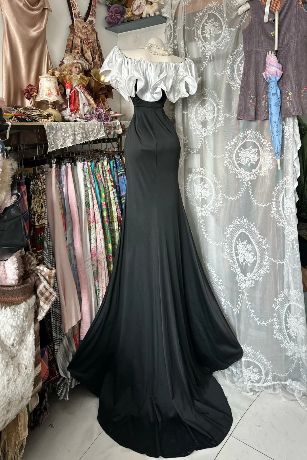Ruffled Off The Shoulder Black Mermaid Prom Dress Evening Dress P338
