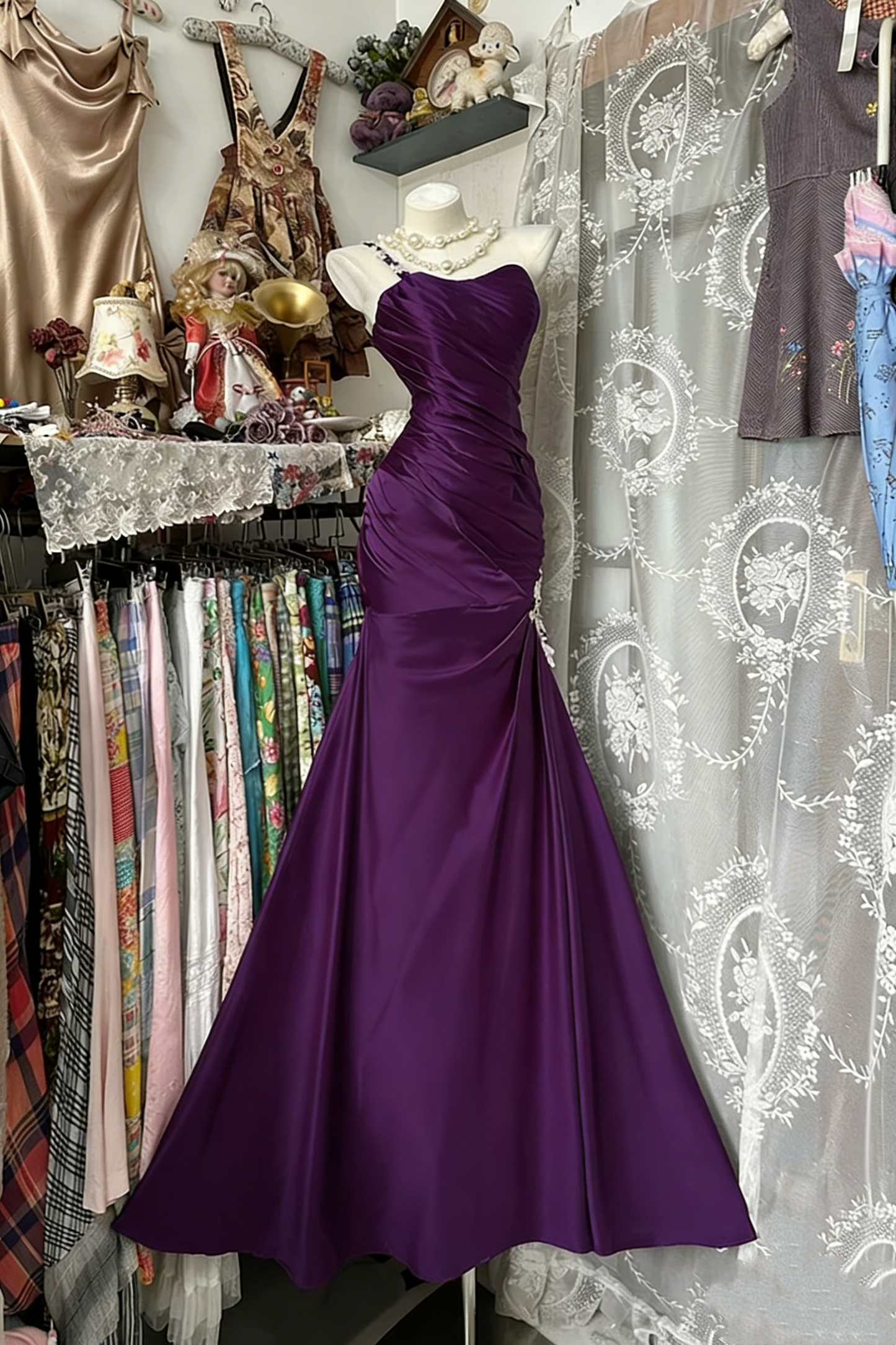 One Shoulder Fuchsia Satin Prom Dress Mermaid Evening Dress P341