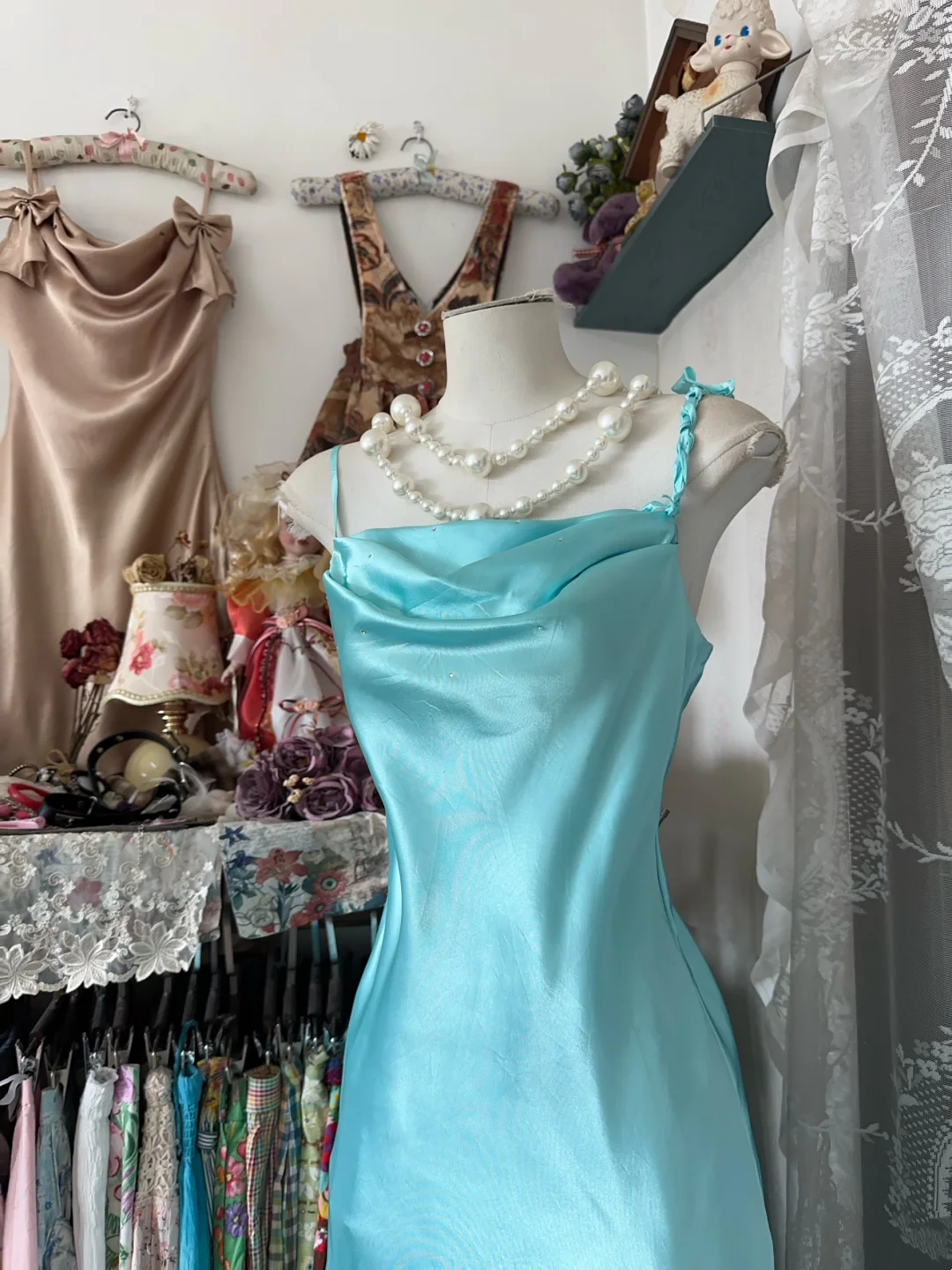Blue Mermaid Satin Prom Dress Ruffled Back Formal Wedding Guest Dress P345