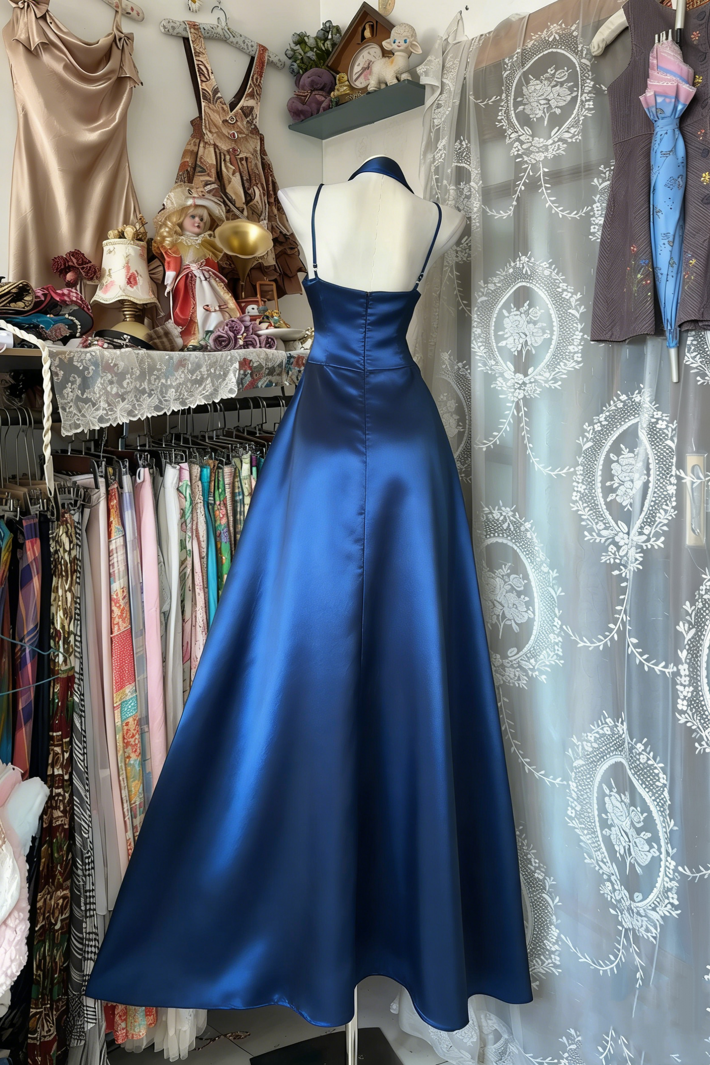 Halter Royal Blue A Line Prom Dress Formal Evening Dress P350