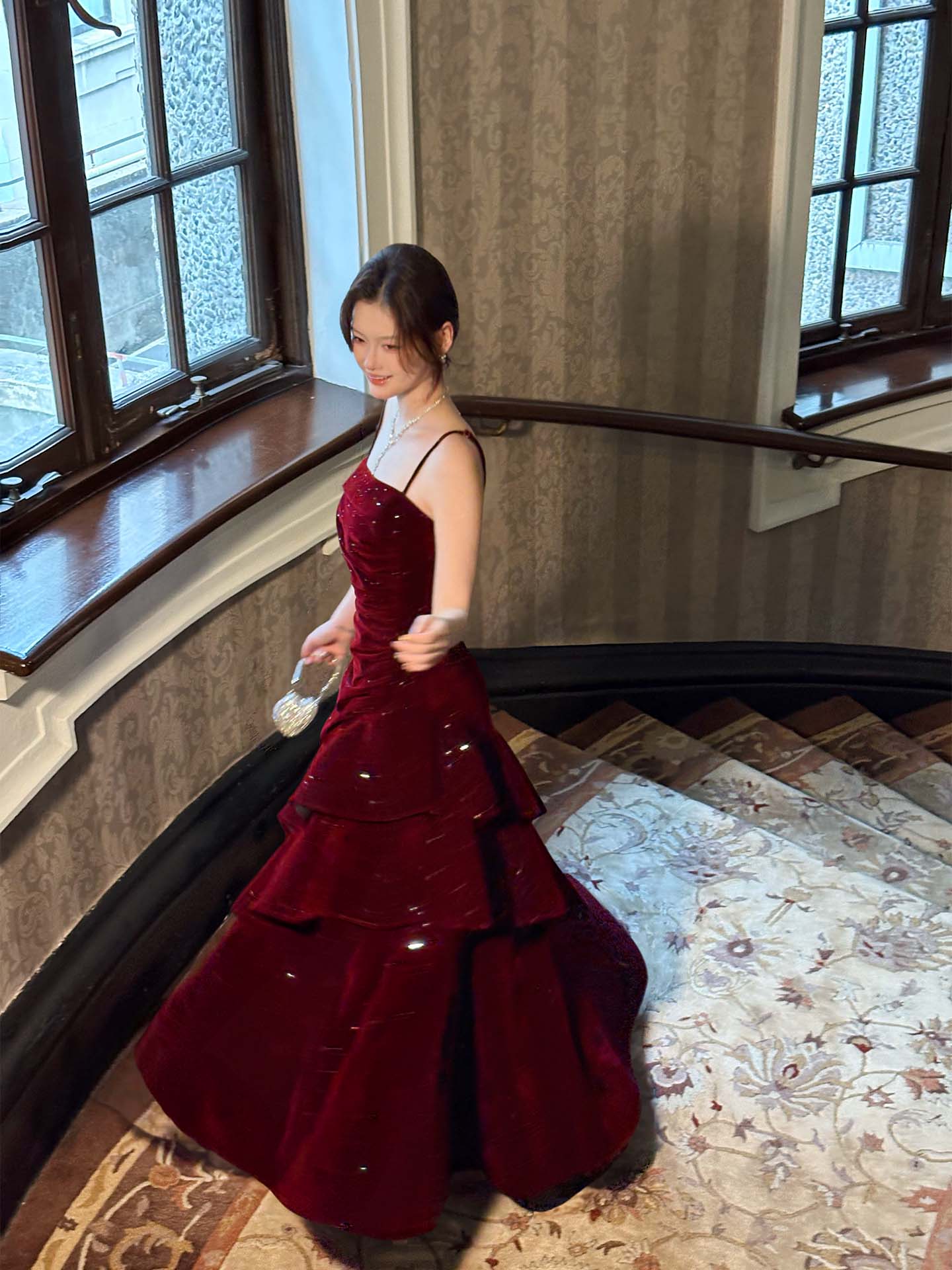 Spaghetti Strap Layered Burgundy Prom Dress Velvet Layered Evening Dress P36