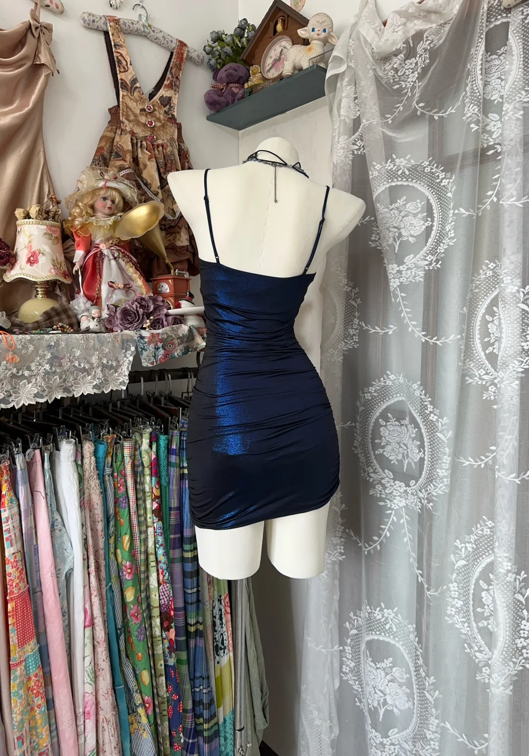 Spaghetti Strap Navy Blue Short Dress Ruffled Birthday Dress P361