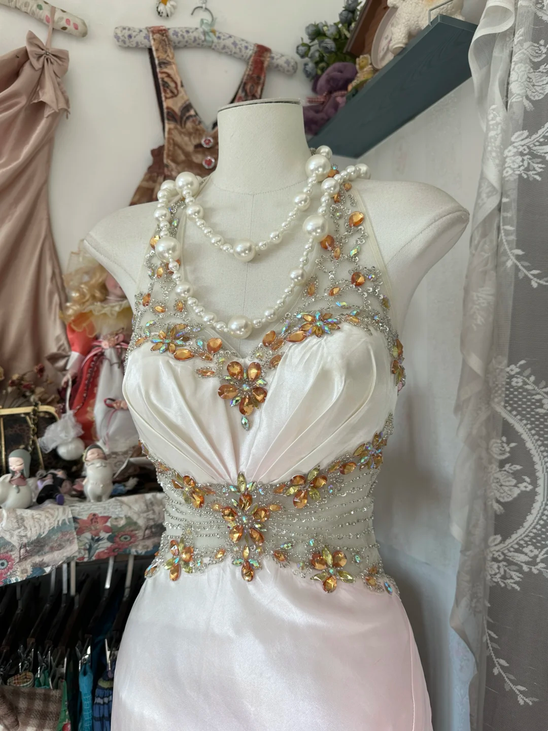 Halter Satin Beaded Prom Dress With Slit Pink-White Gradient Evening Dress P384
