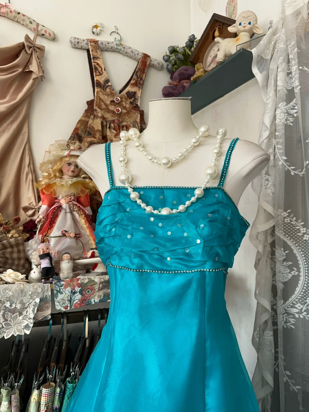 A Line Blue Satin Prom Dress Spaghetti Straps Formal Evening Dress P385