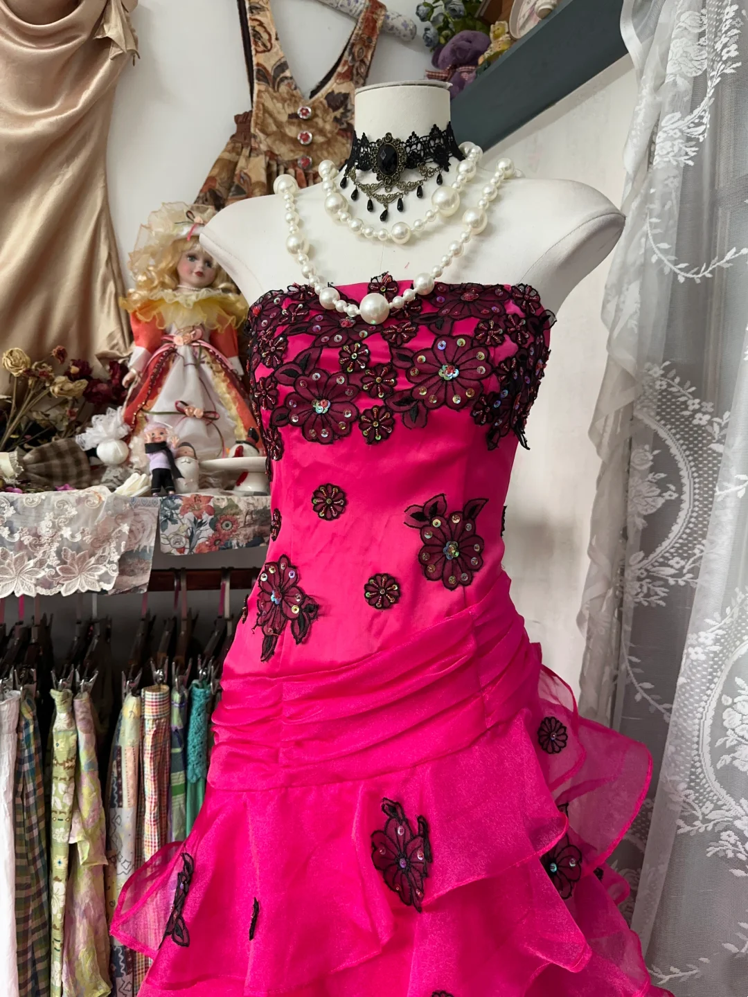 Strapless Hot Pink Chiffon Prom Dress With Applique Ruffled Birthday Dress P386